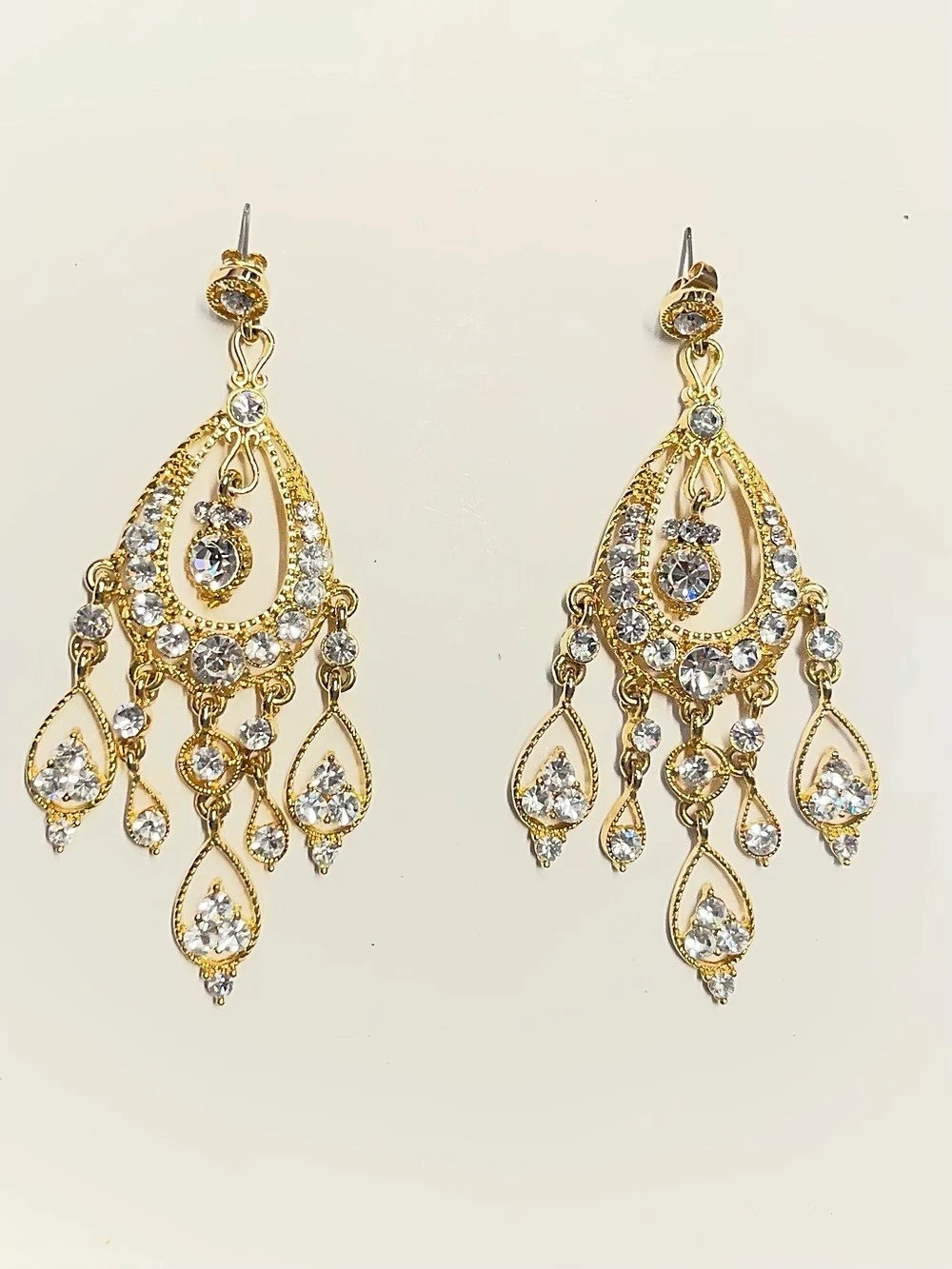 Gold Chandelier Drop Earrings Silver Crystals Like New